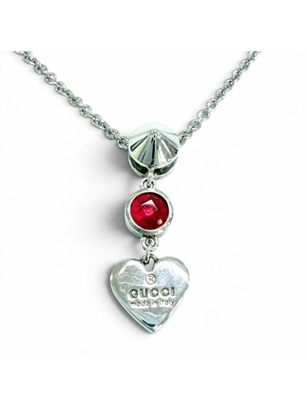 Gucci Red Topaz Trademark Heart Necklace Silver